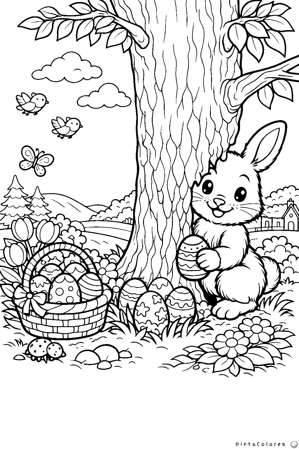 Dibujo de un conejo escondiendo huevos de Pascua detrás de un árbol grueso, lámina infantil para colorear e imprimir.