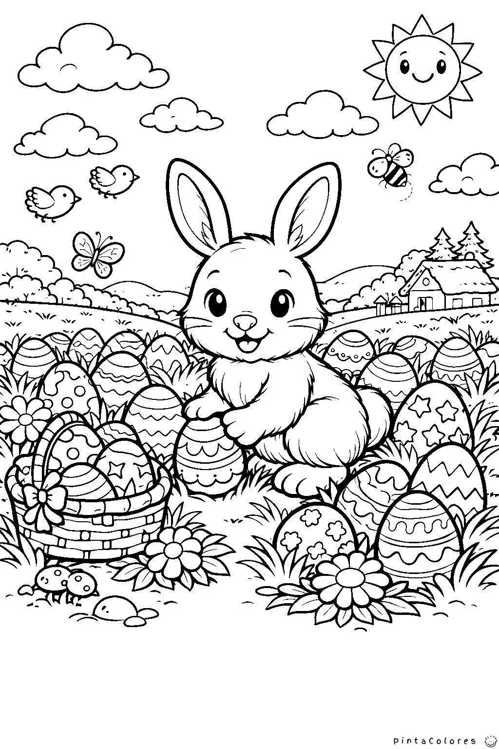 Dibujo para colorear de un conejo alegre en un prado repleto de huevos de Pascua decorados, paisaje de primavera para niños.