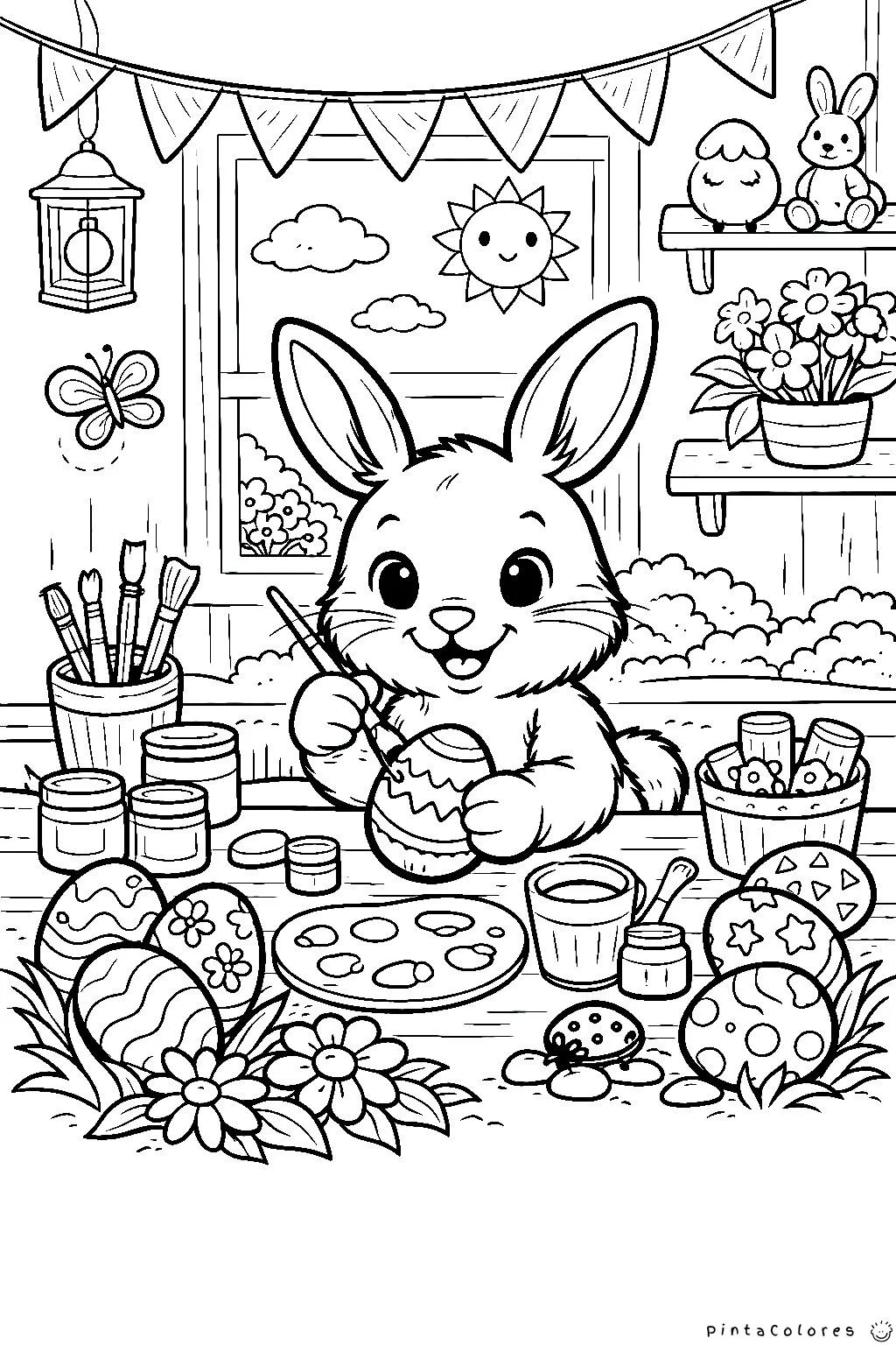 conejo pintando huevos de pascua en un taller dibujo para colorear
