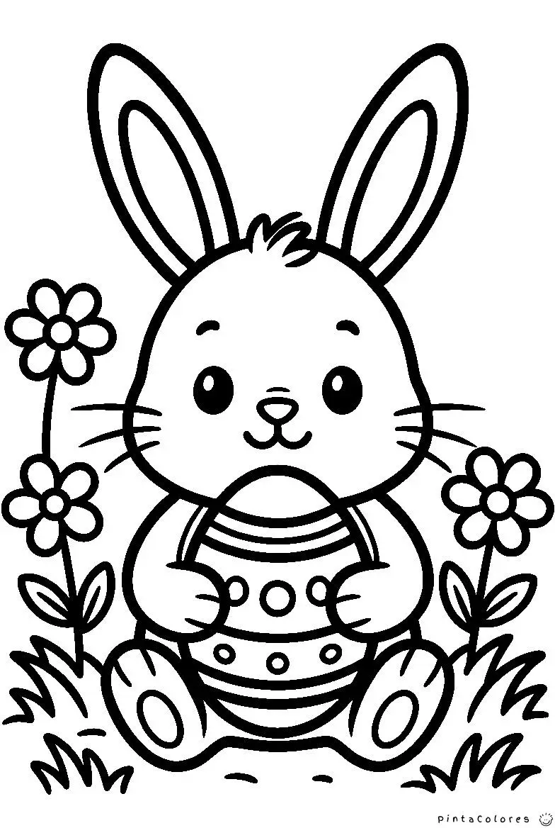 conejo de pascua sosteniendo un huevo simple dibujo para colorear