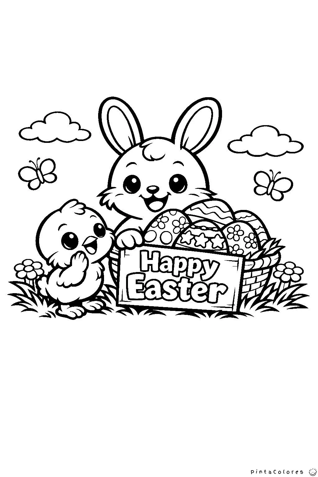 conejo y pollito con huevos de pascua y cartel happy easter dibujo para colorear
