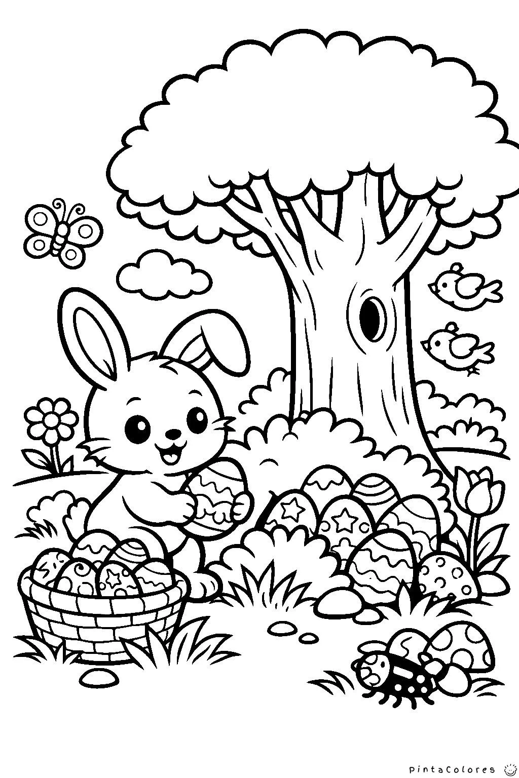 conejo debajo de un árbol con huevos de pascua escondidos dibujo para colorear