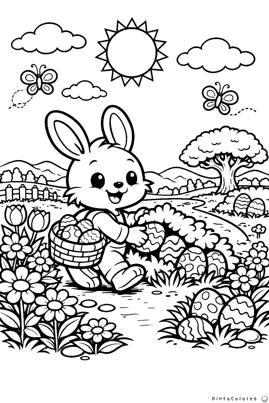 conejo caminando con una canasta llena de huevos de pascua dibujo para colorear