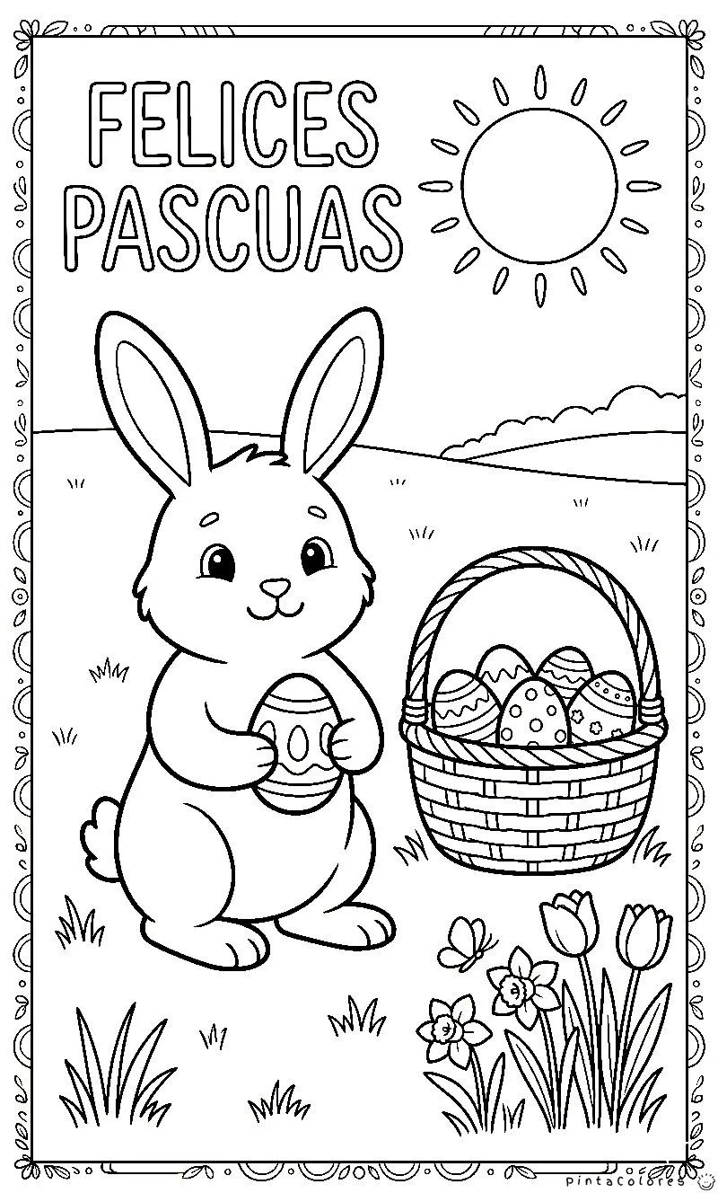 conejo con canasta de huevos y cartel felices pascuas dibujo para colorear
