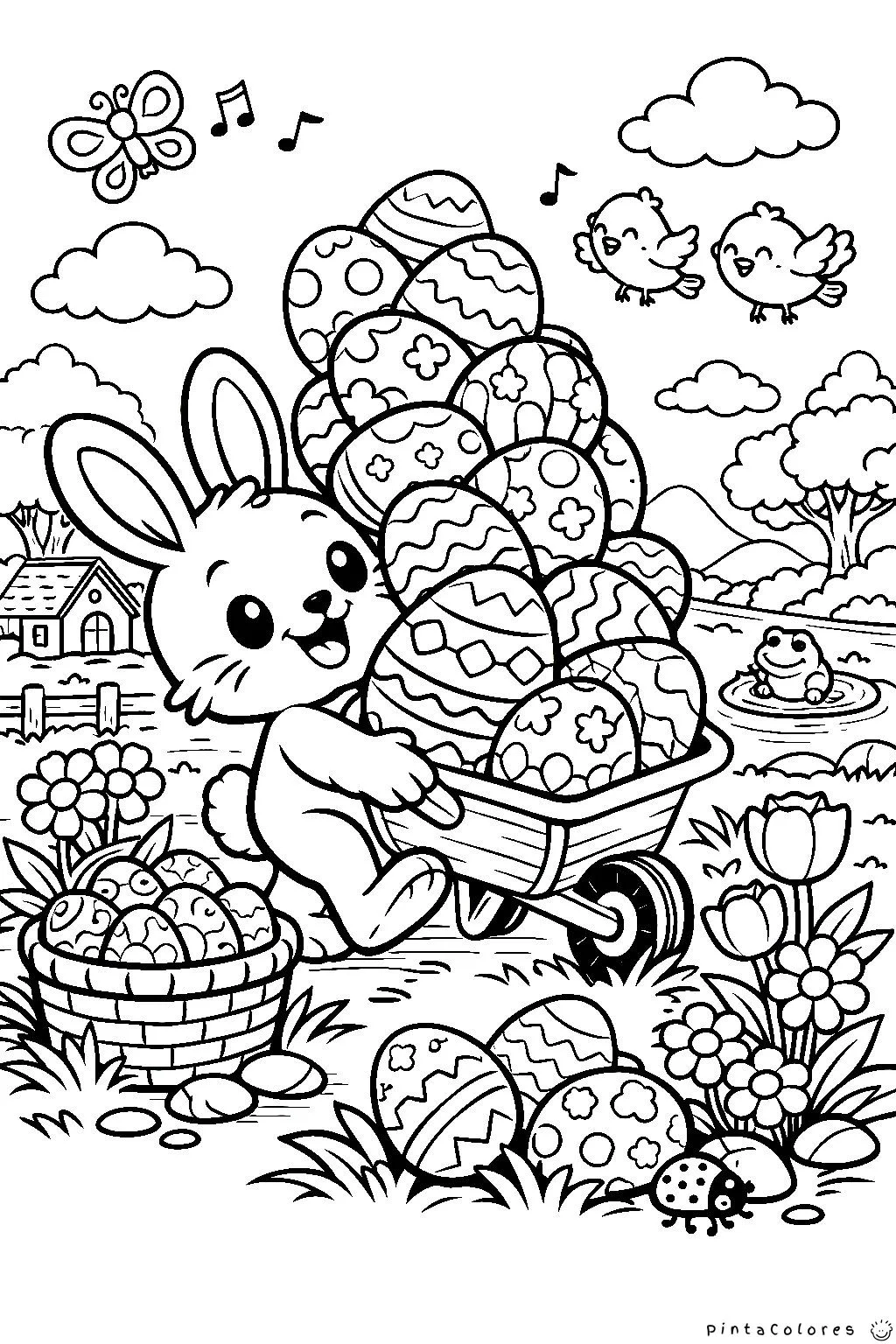 conejo con carretilla repleta de huevos de pascua cerca de un estanque dibujo para colorear