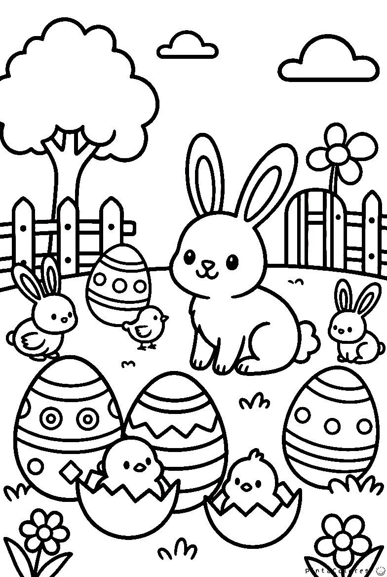 conejo con pollitos y huevos grandes de pascua dibujo para colorear