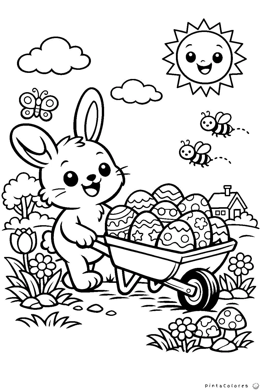 conejo empujando carretilla con huevos en un jardín dibujo para colorear