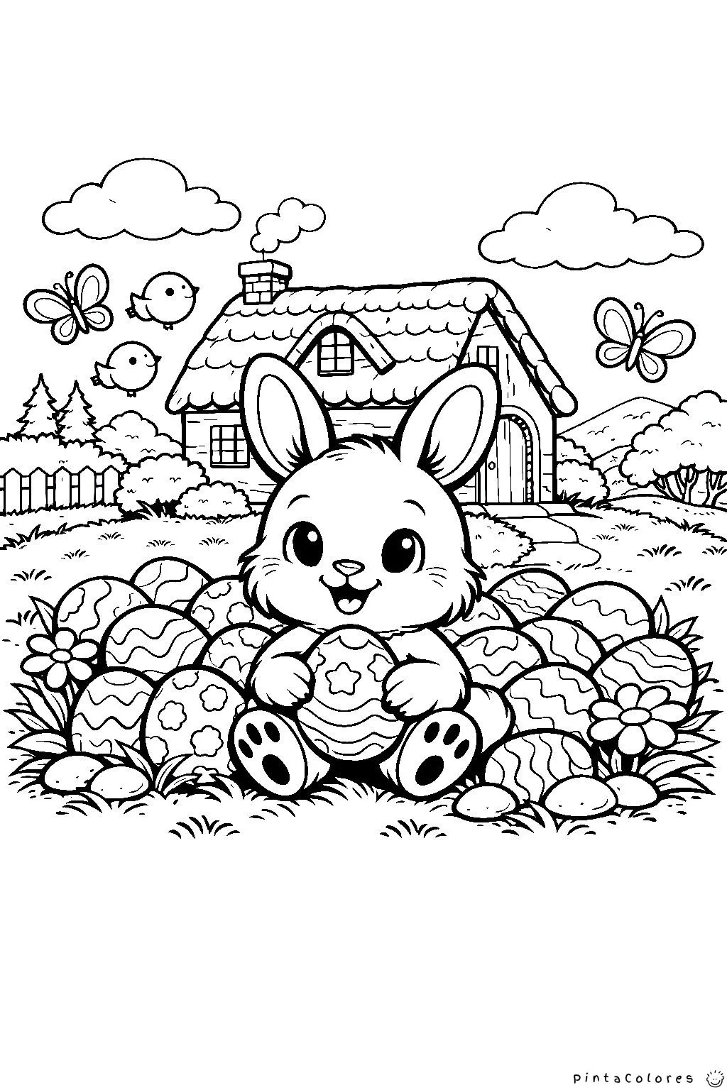 conejo en un campo lleno de huevos de pascua con una casa de fondo dibujo para colorear