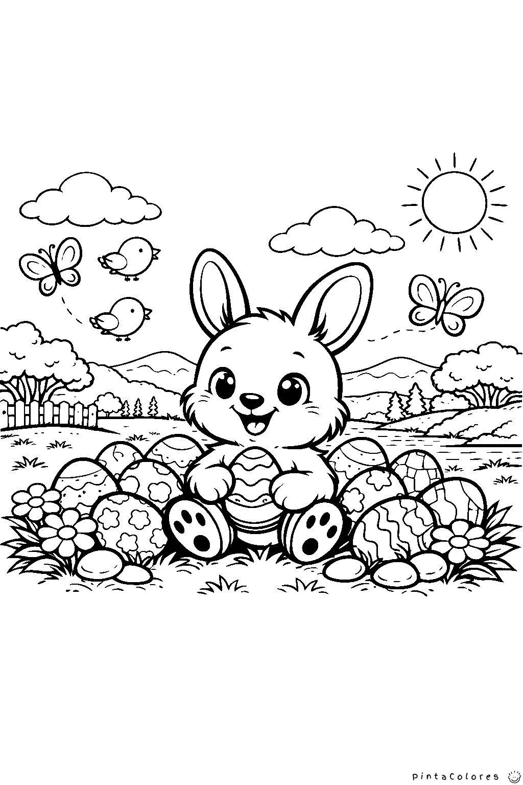 Dibujo para colorear de un conejo sentado en un campo de flores, mirando mariposas y pajaritos rodeado de huevos de Pascua decorados, arte de línea negra fácil para niños.