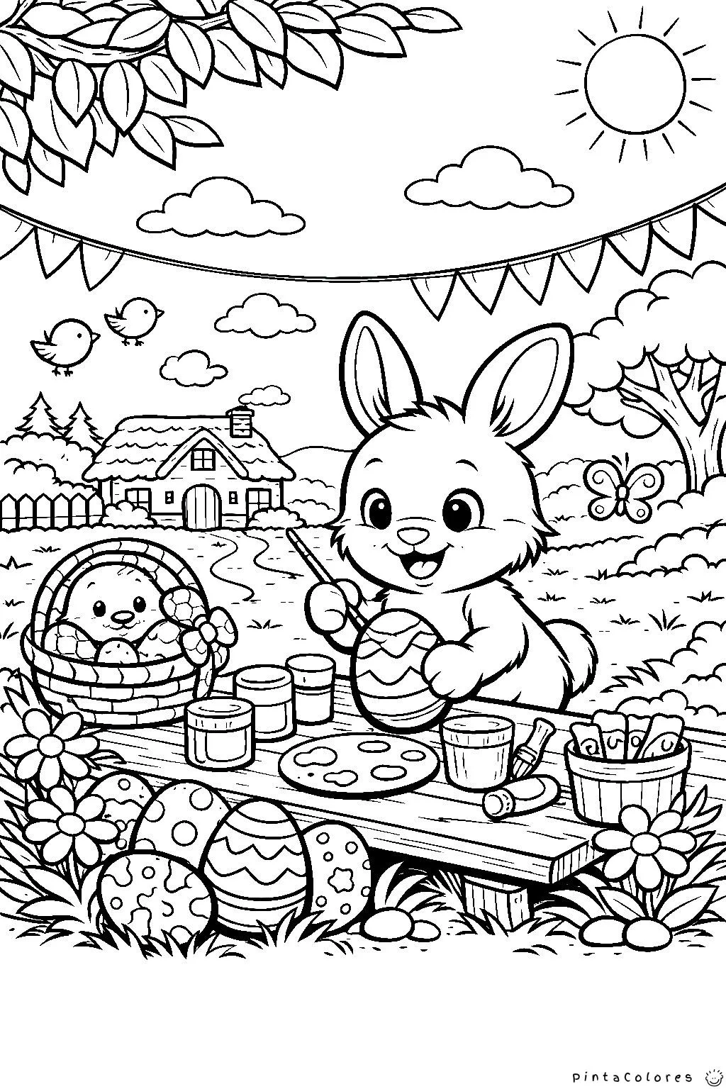 conejo pintando huevos de pascua en una mesa de jardín dibujo para colorear