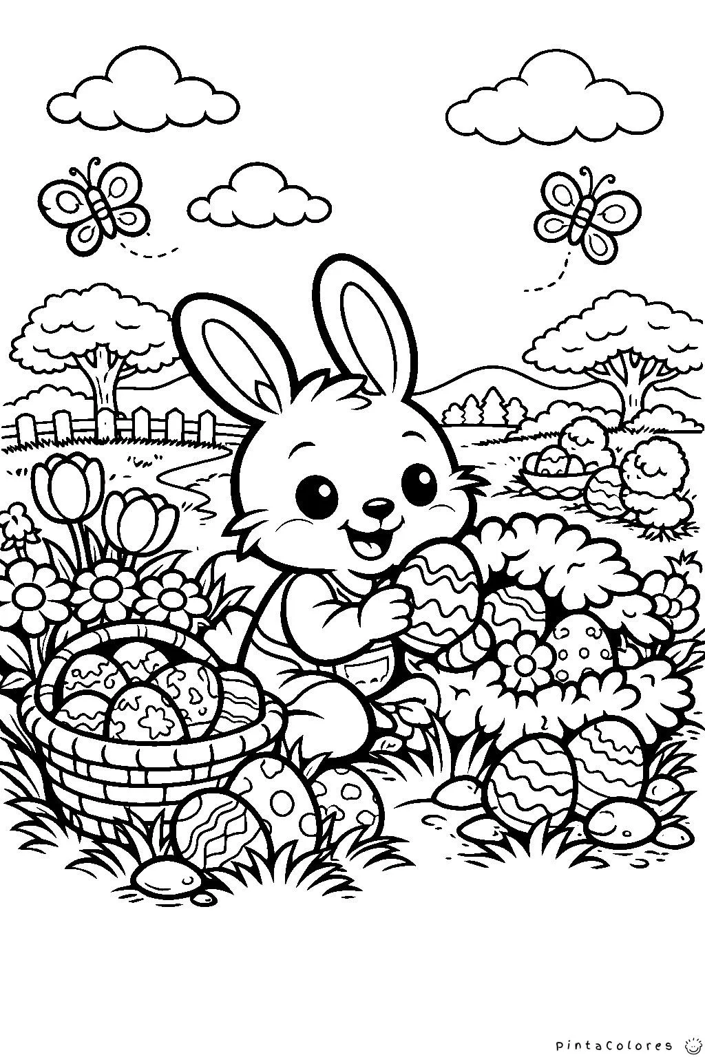 conejo recogiendo un huevo de pascua escondido en un arbusto dibujo para colorear