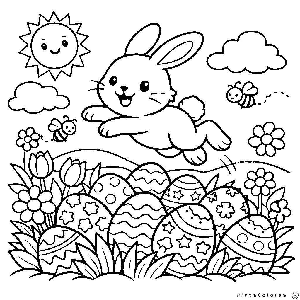 conejo saltando sobre huevos de pascua dibujo para colorear