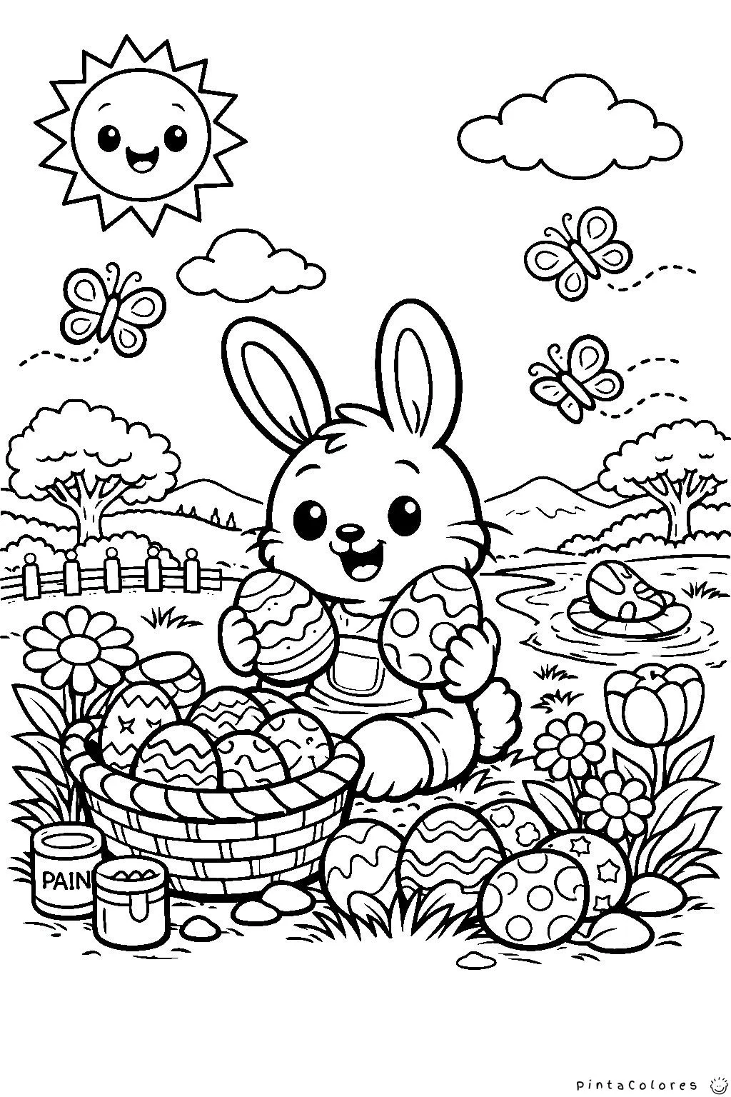 conejo sosteniendo dos huevos de pascua frente a una canasta dibujo para colorear