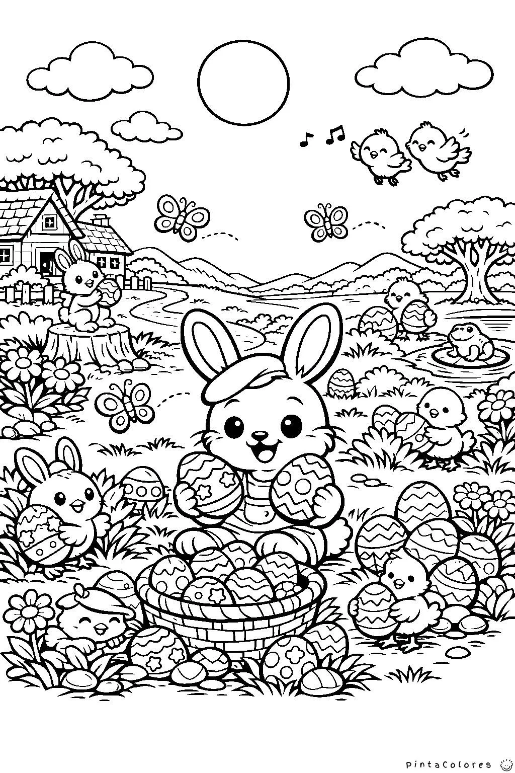 conejos y pollitos recolectando huevos de pascua en un campo dibujo para colorear