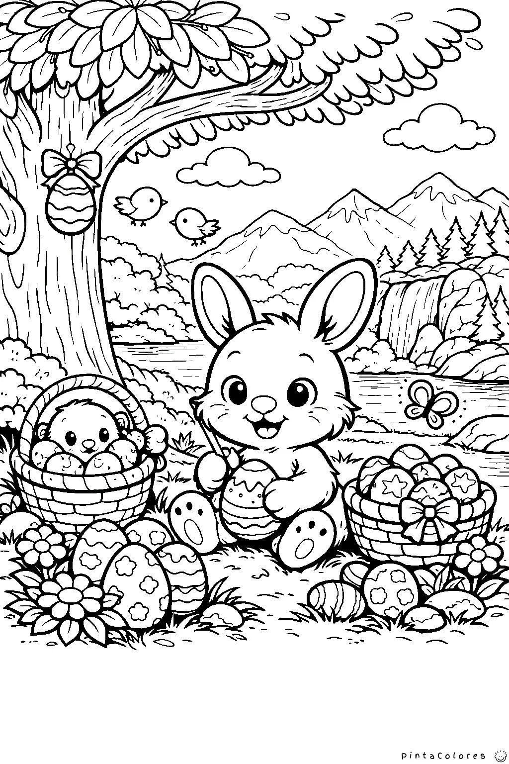 conejo y osito dentro de una canasta en un jardín con cascada dibujo para colorear