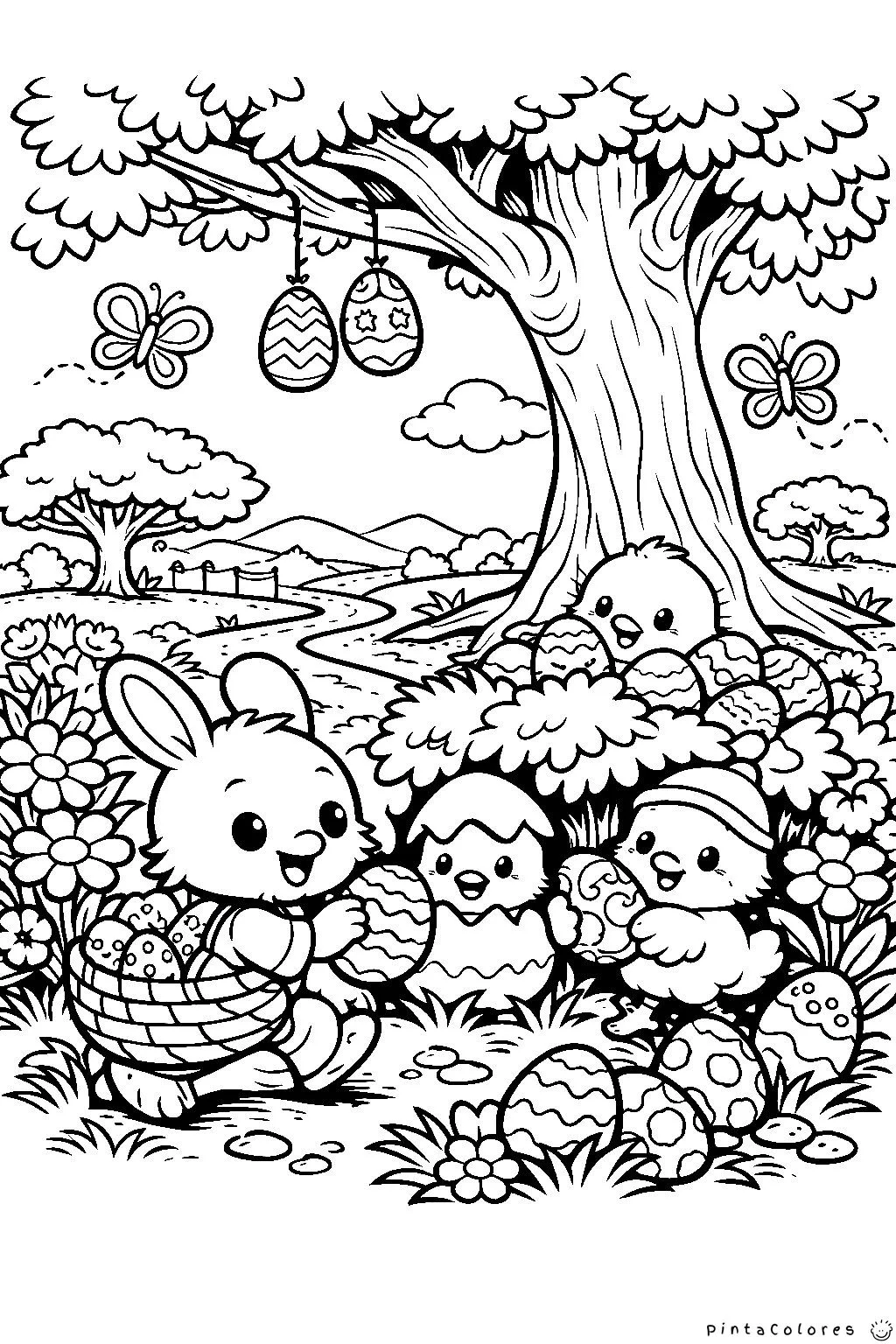 conejo con pollitos bajo un árbol dibujo para colorear