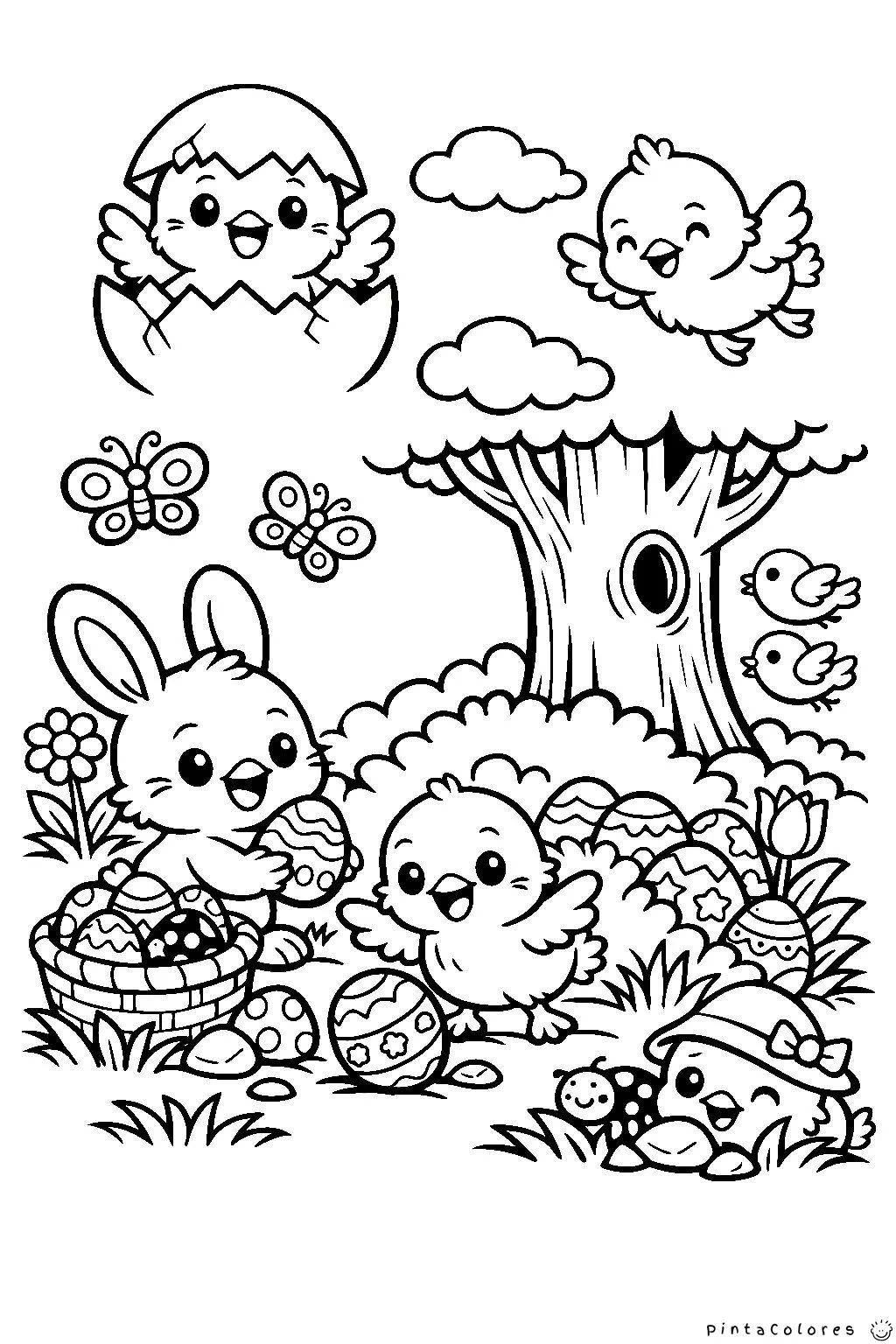 escena de pascua con conejo y pollitos en el campo dibujo para colorear