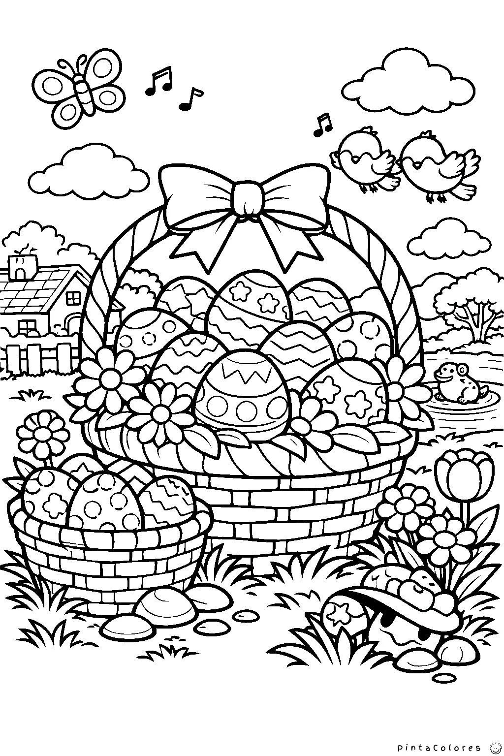 gran canasta llena de huevos de pascua dibujo para colorear