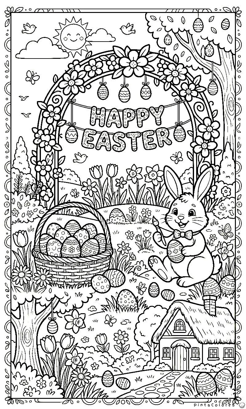 gran escena de pascua con letrero happy easter dibujo para colorear