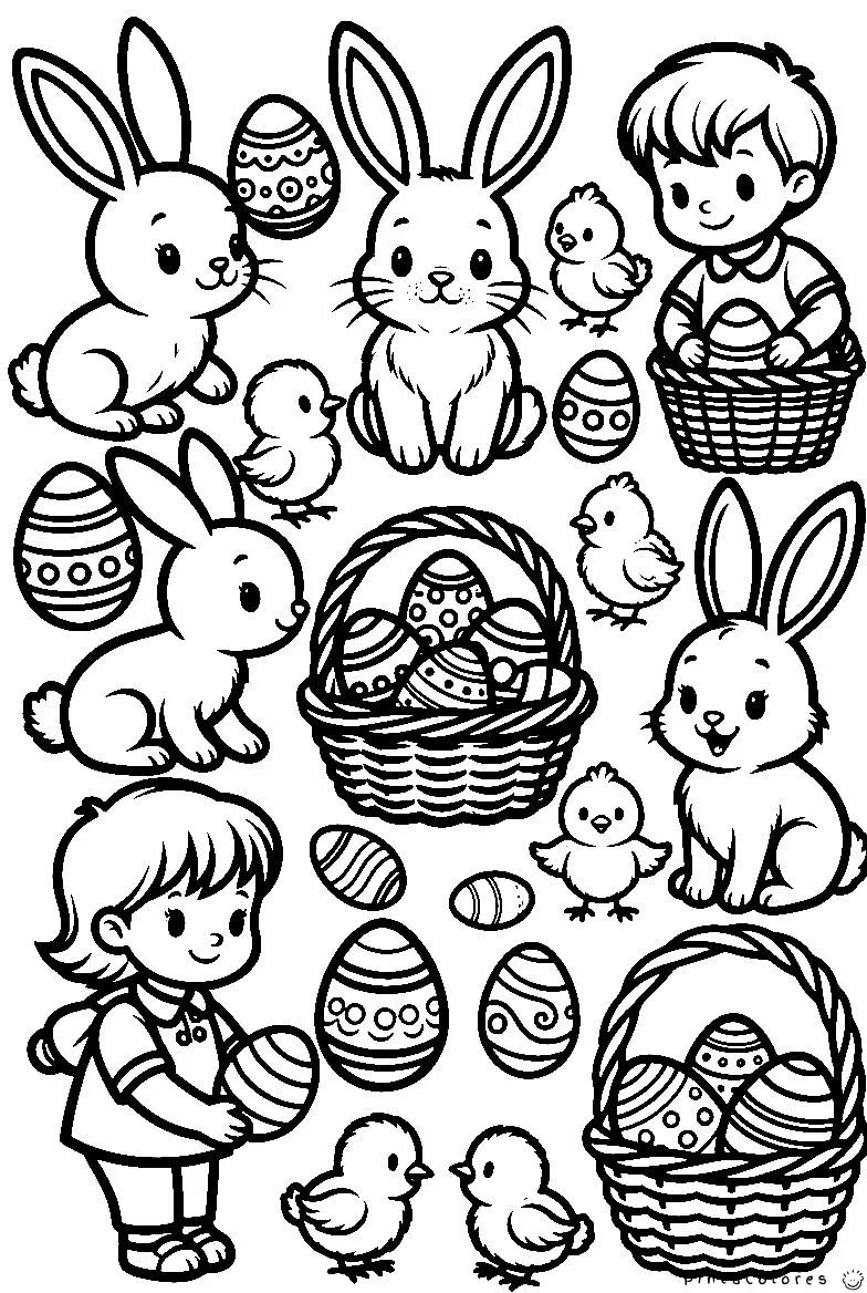 escena de pascua con conejos huevos y niños dibujo para colorear