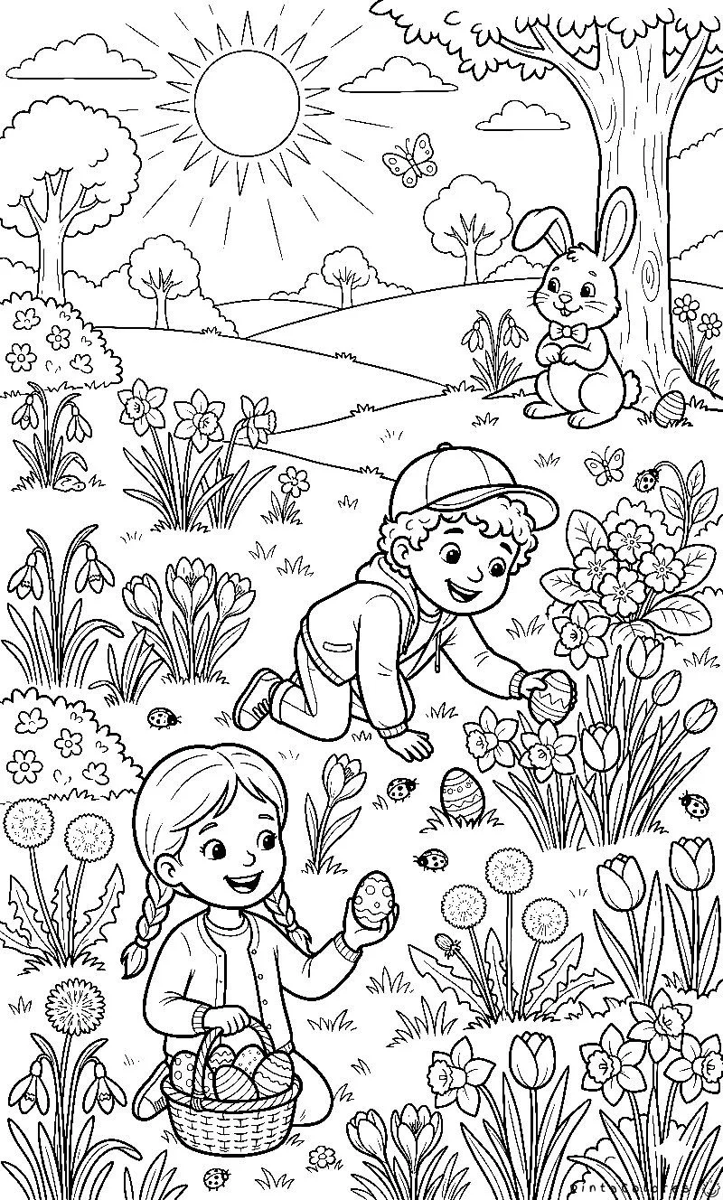 niños buscando huevos de pascua en el jardín dibujo para colorear