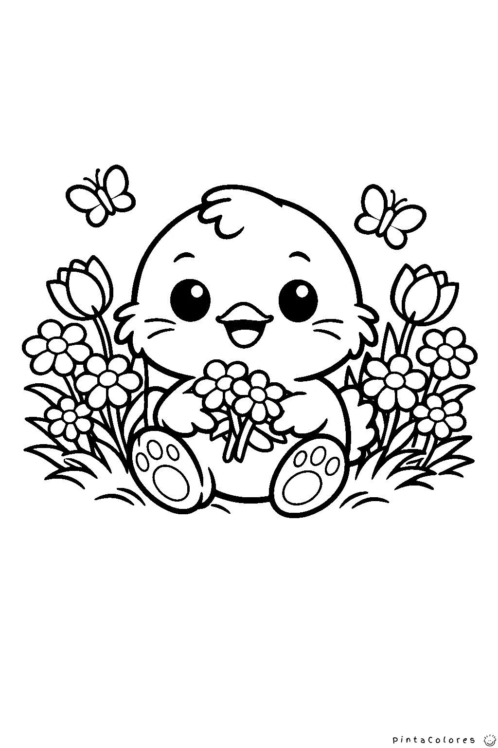 pollito rodeado de flores dibujo para colorear