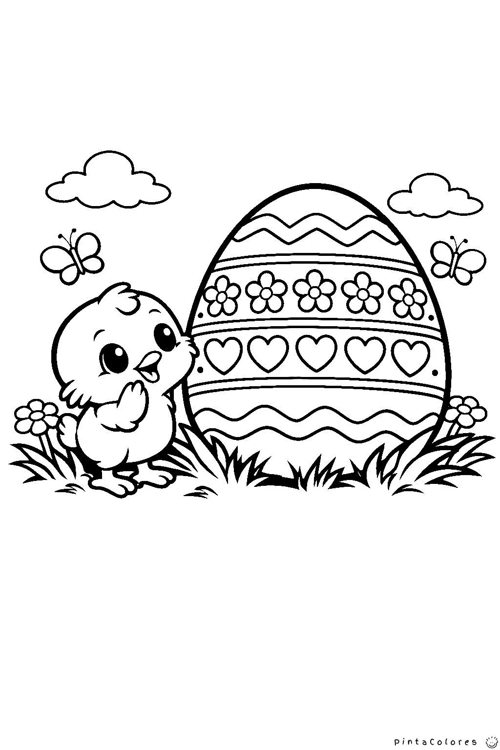 pollito mirando un huevo gigante de pascua dibujo para colorear