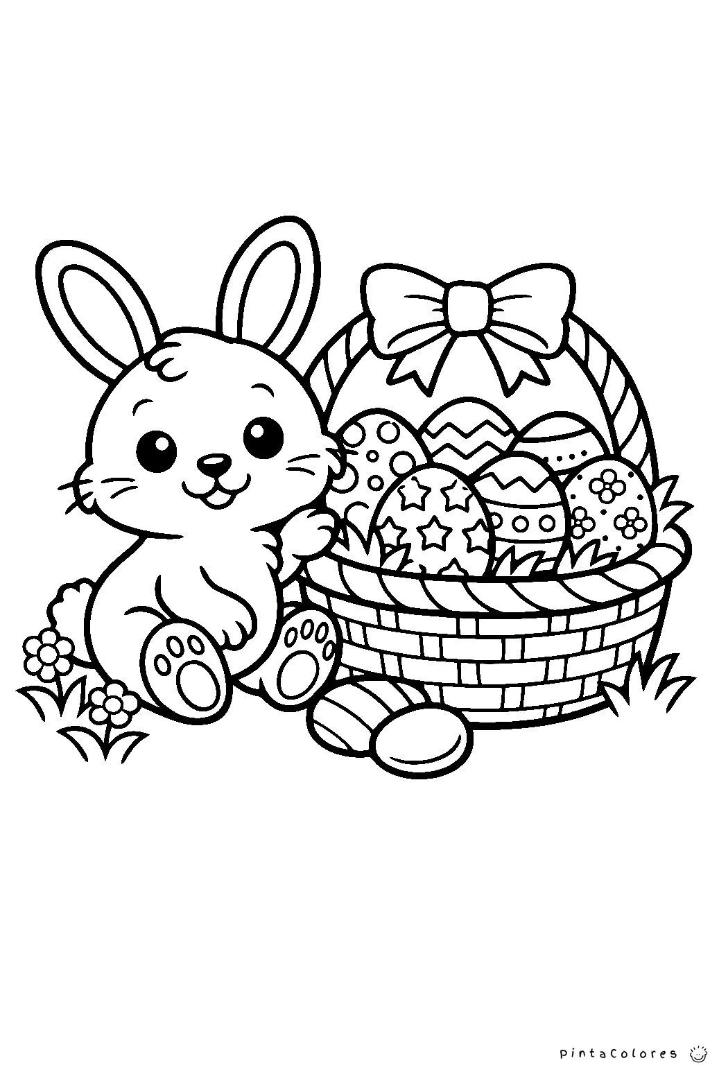 conejo junto a una canasta con huevos de pascua dibujo para colorear