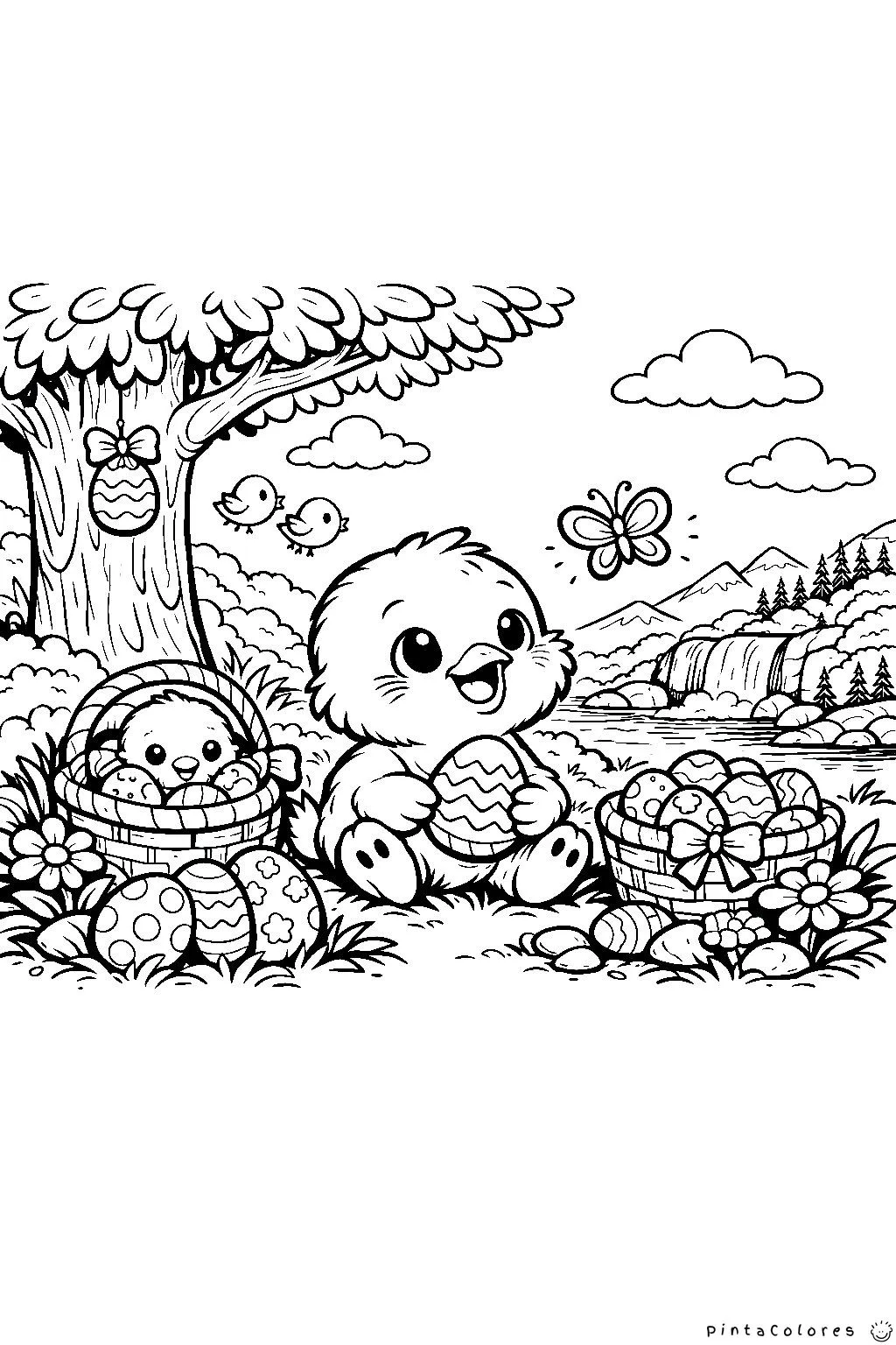 pollito y osito en canasta con huevos mirando una mariposa en una cascada dibujo para colorear