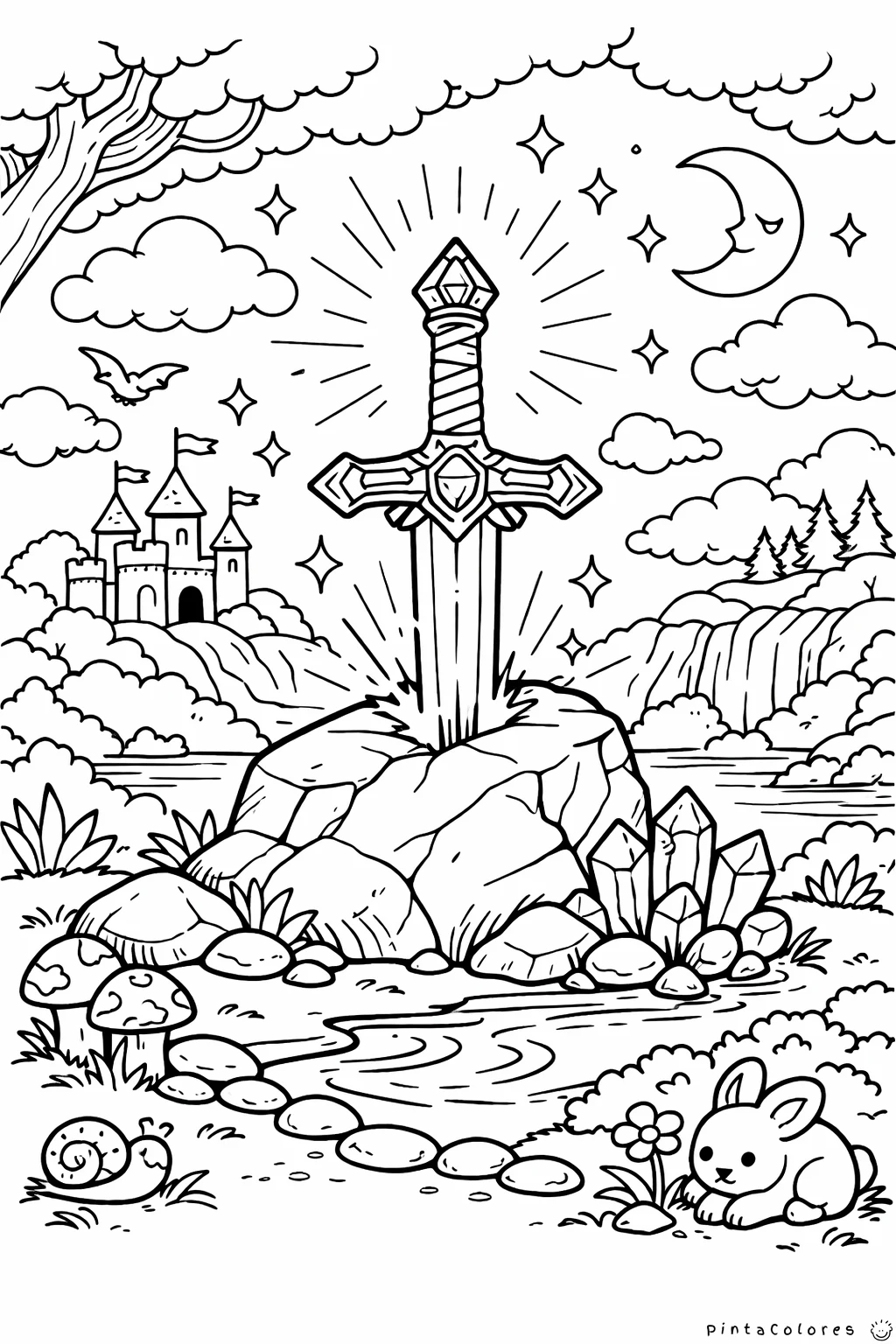 espada mágica clavada en una piedra dibujo para colorear
