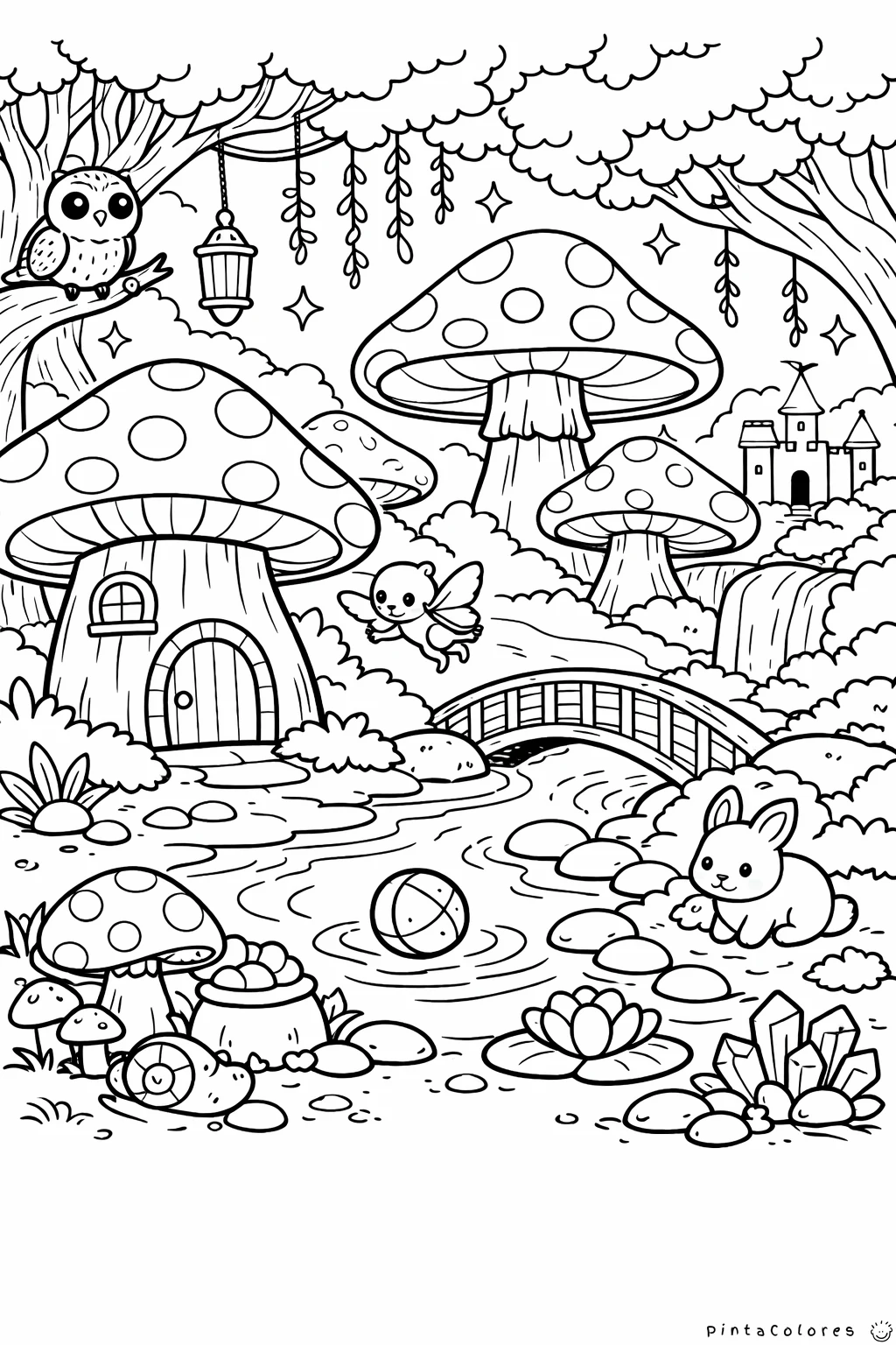 bosque mágico con hongos gigantes dibujo para colorear
