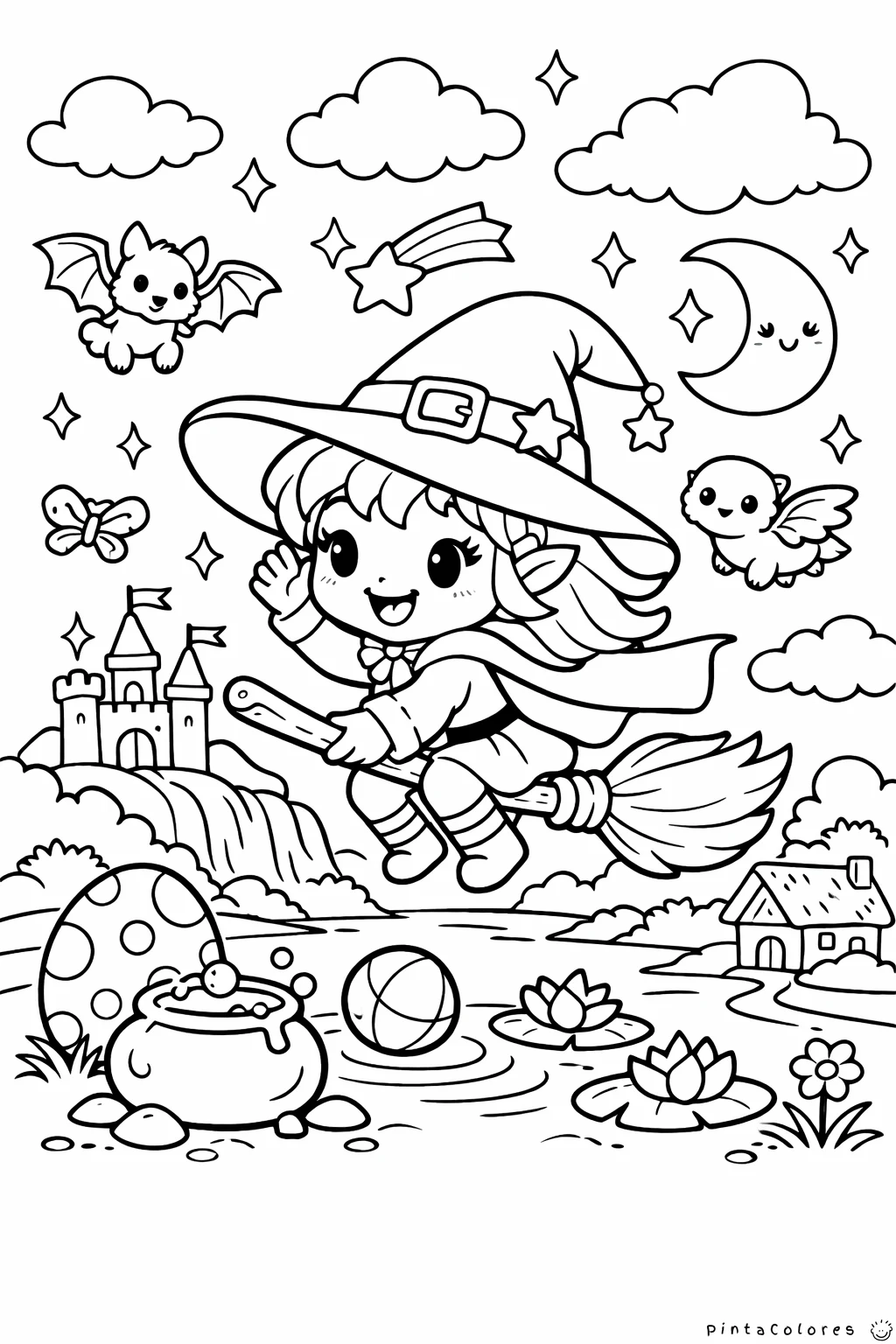 bruja buena volando en una escoba dibujo para colorear