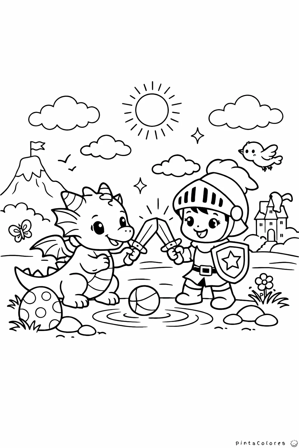 pequeño dragón jugando o peleando con un caballero dibujo para colorear