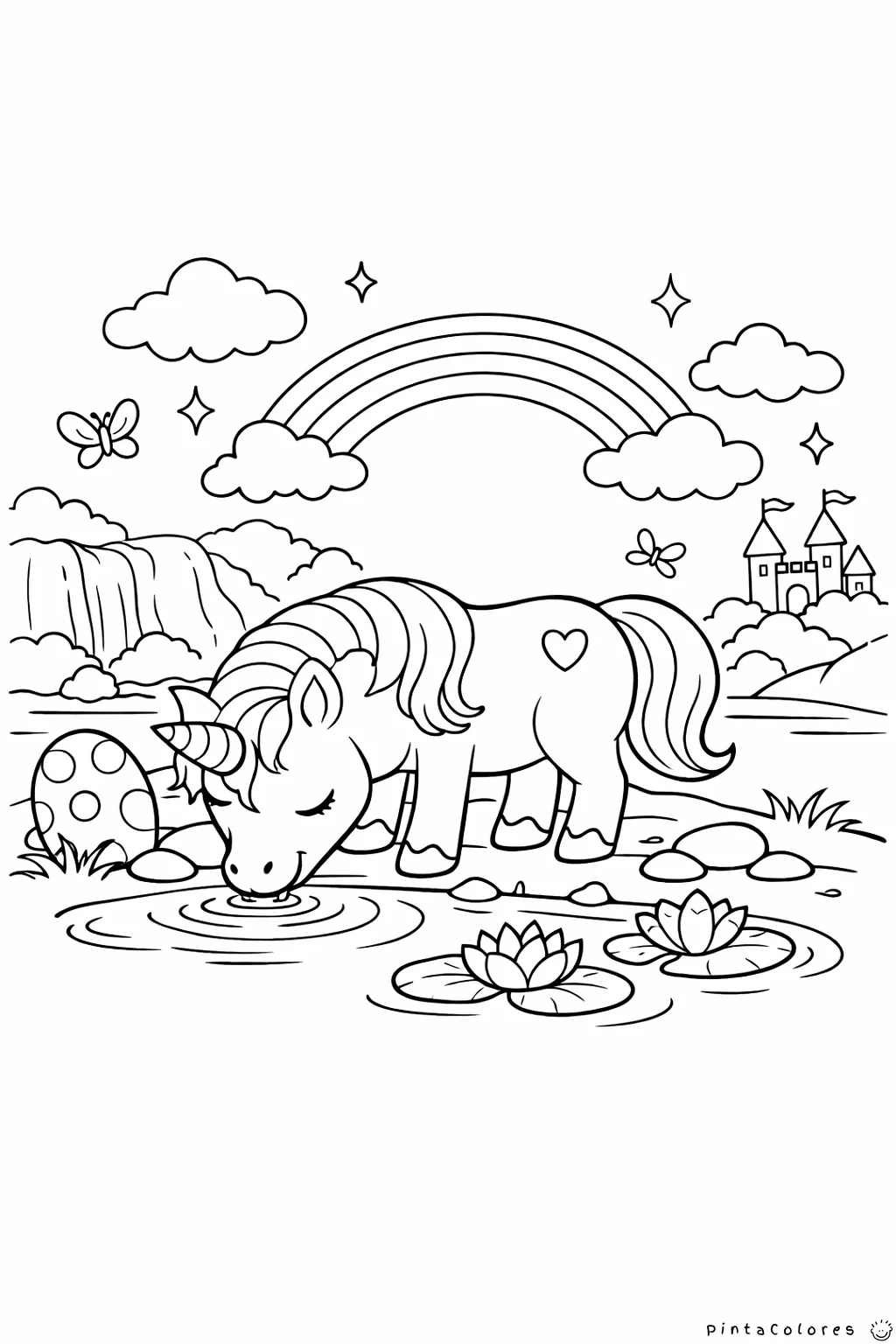 unicornio bebiendo agua en un lago mágico dibujo para colorear
