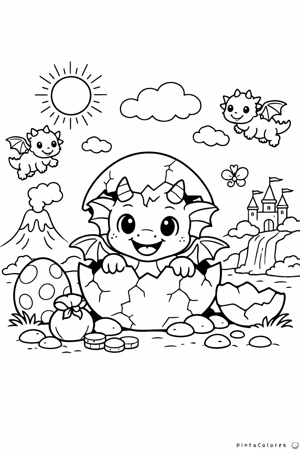 Dragón bebé saliendo de un huevo para colorear