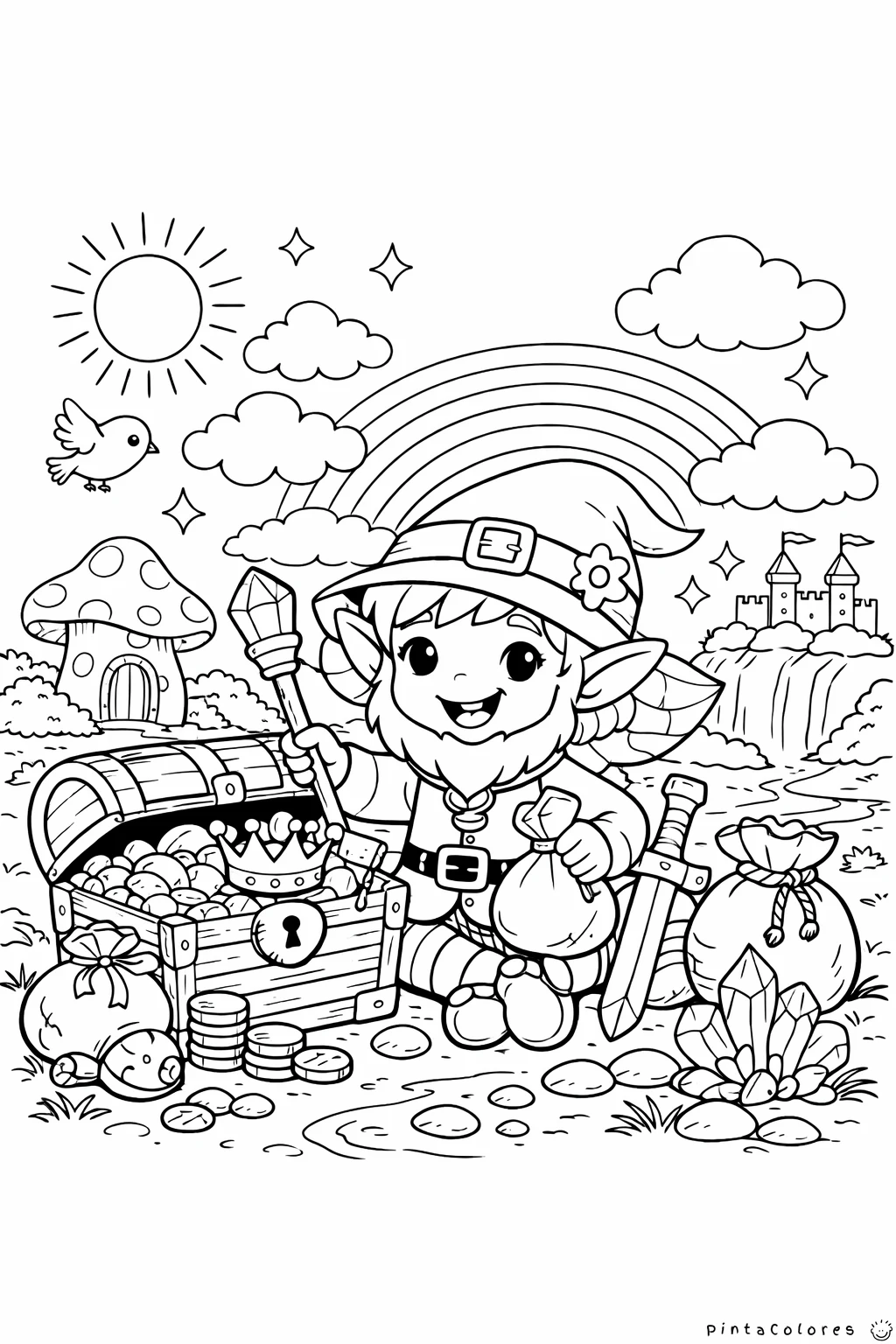 duende cuidando un tesoro de oro dibujo para colorear