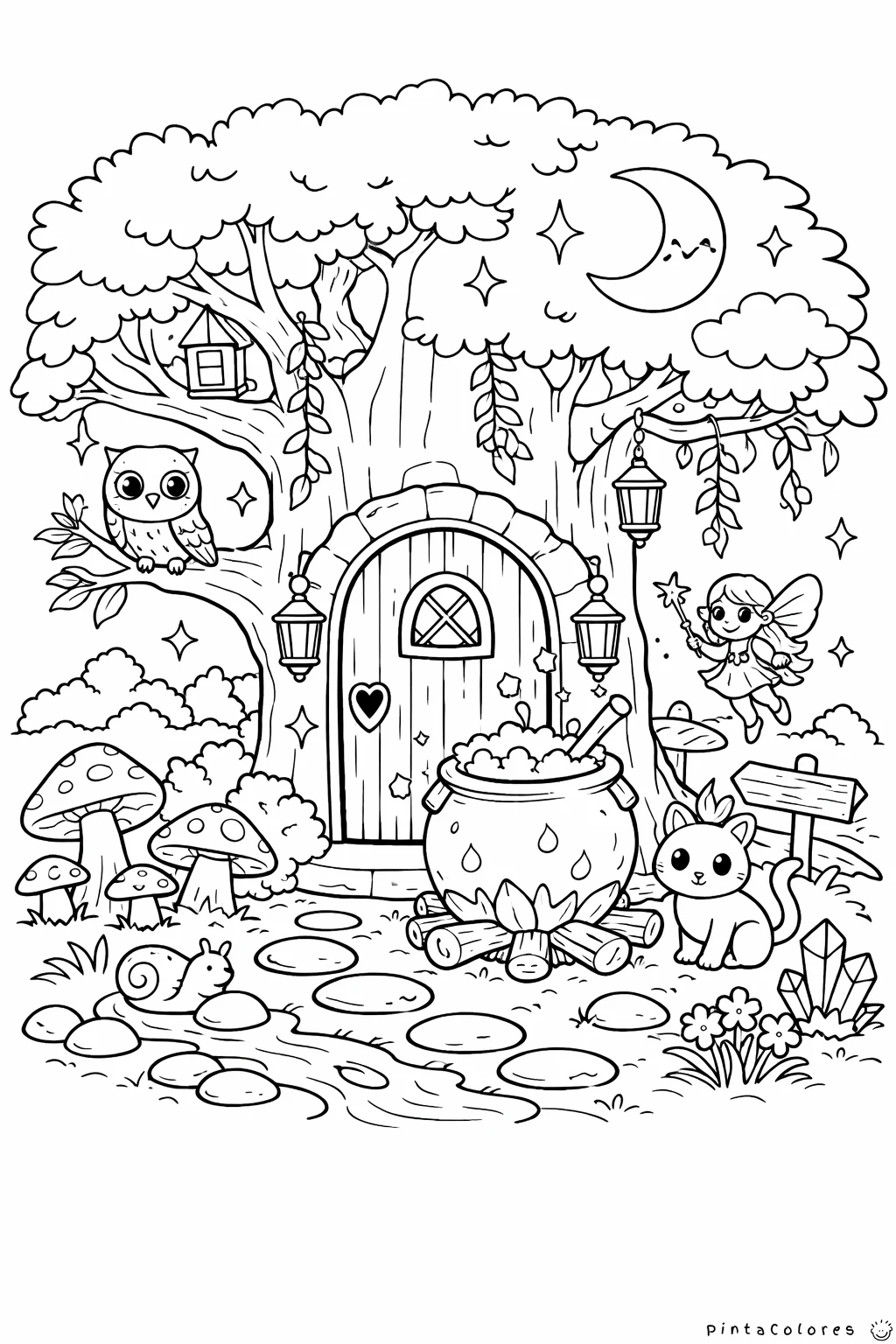 árbol mágico con una puerta secreta dibujo para colorear