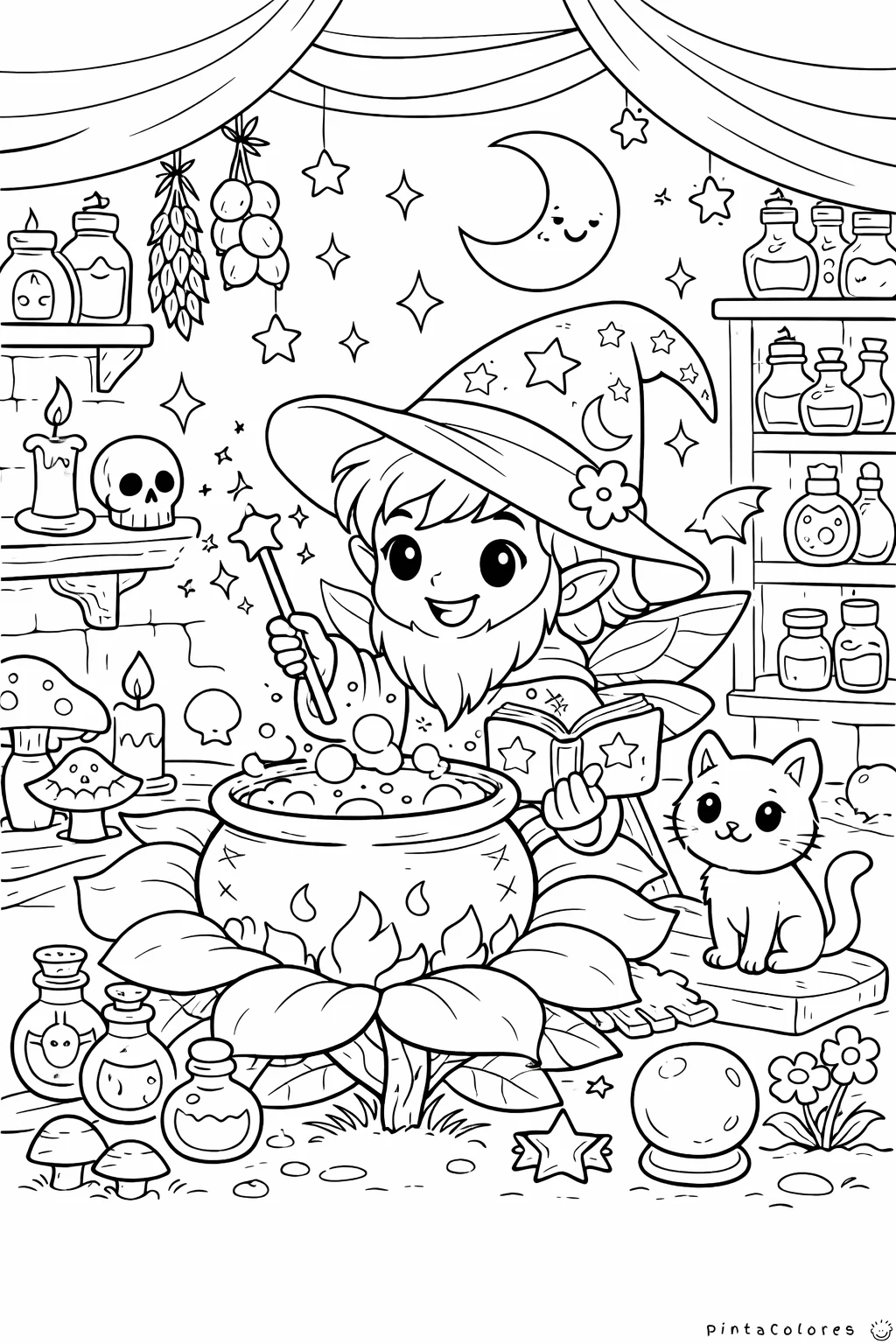 Mago preparando un hechizo mágico para colorear