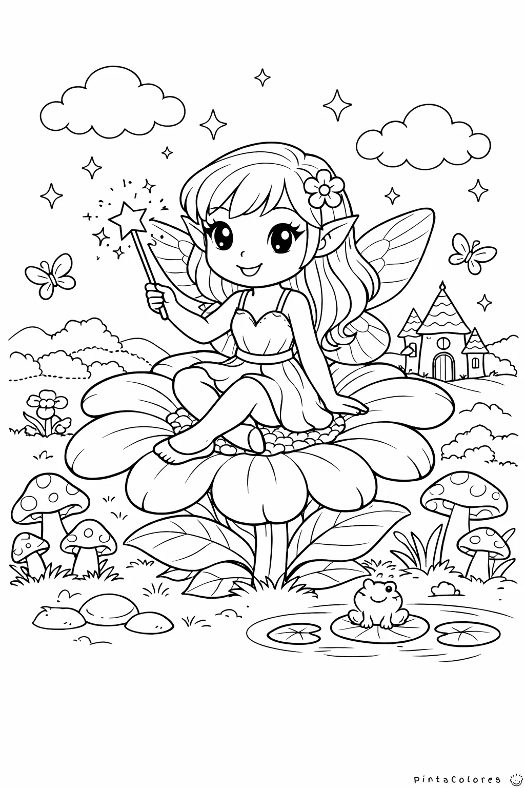 hada sentada sobre una flor dibujo para colorear