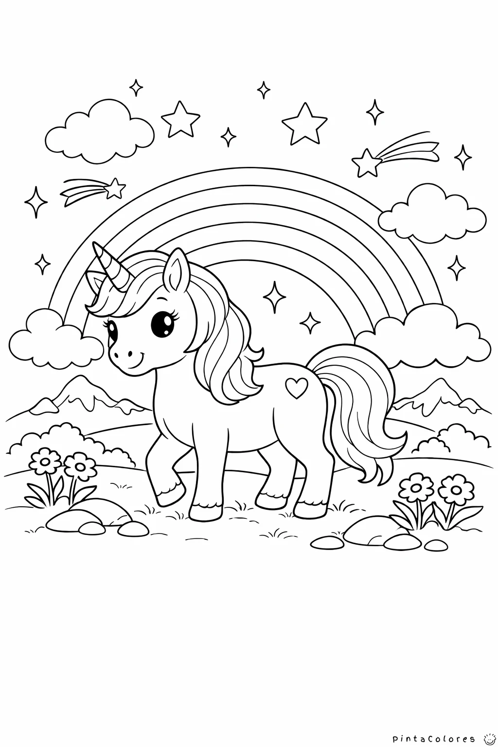 unicornio con un arcoiris detrás dibujo para colorear