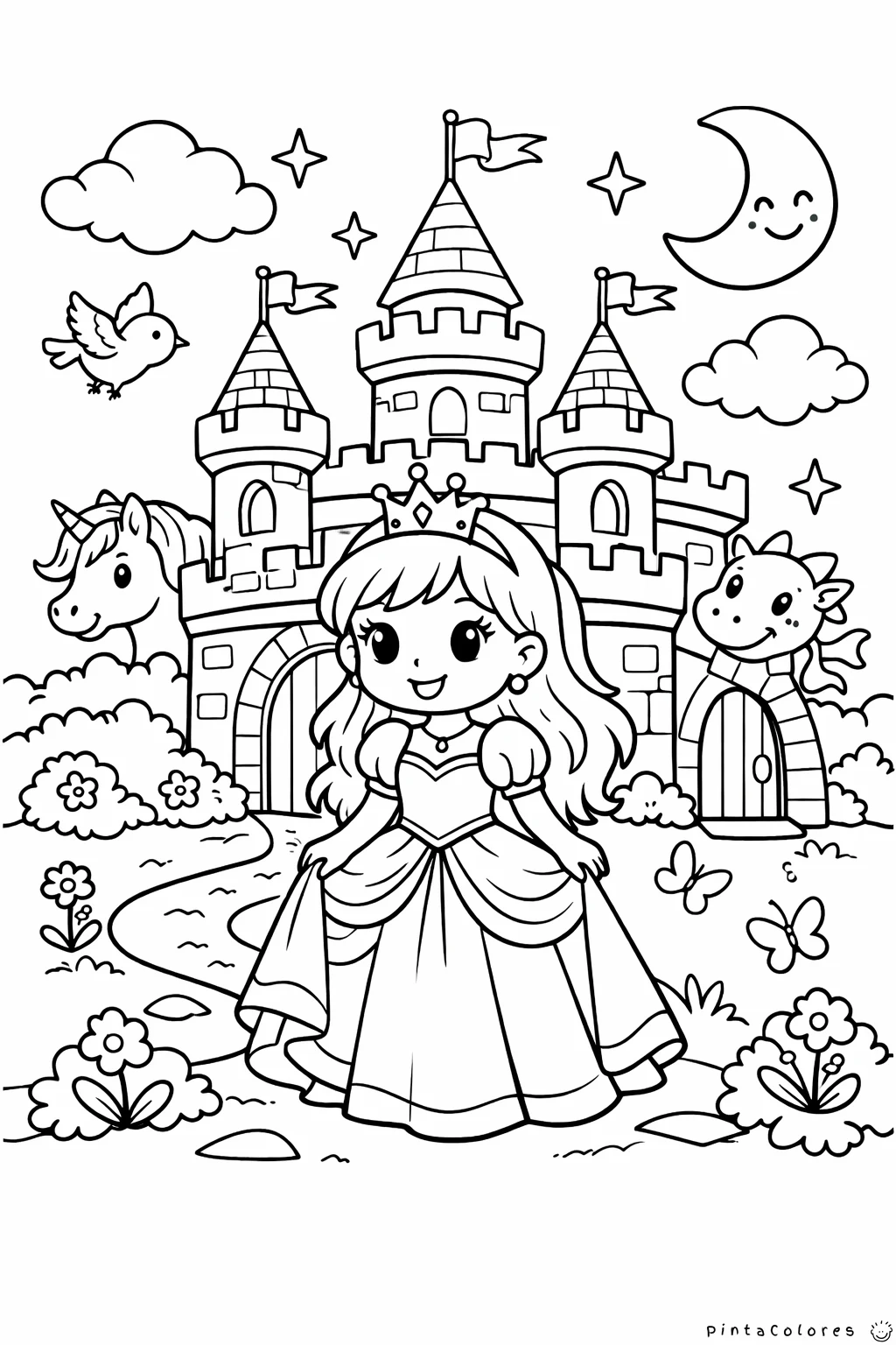 princesa con un castillo detrás dibujo para colorear