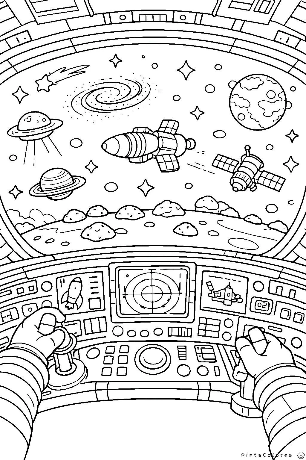 vista desde dentro de una nave espacial mirando al espacio dibujo para colorear