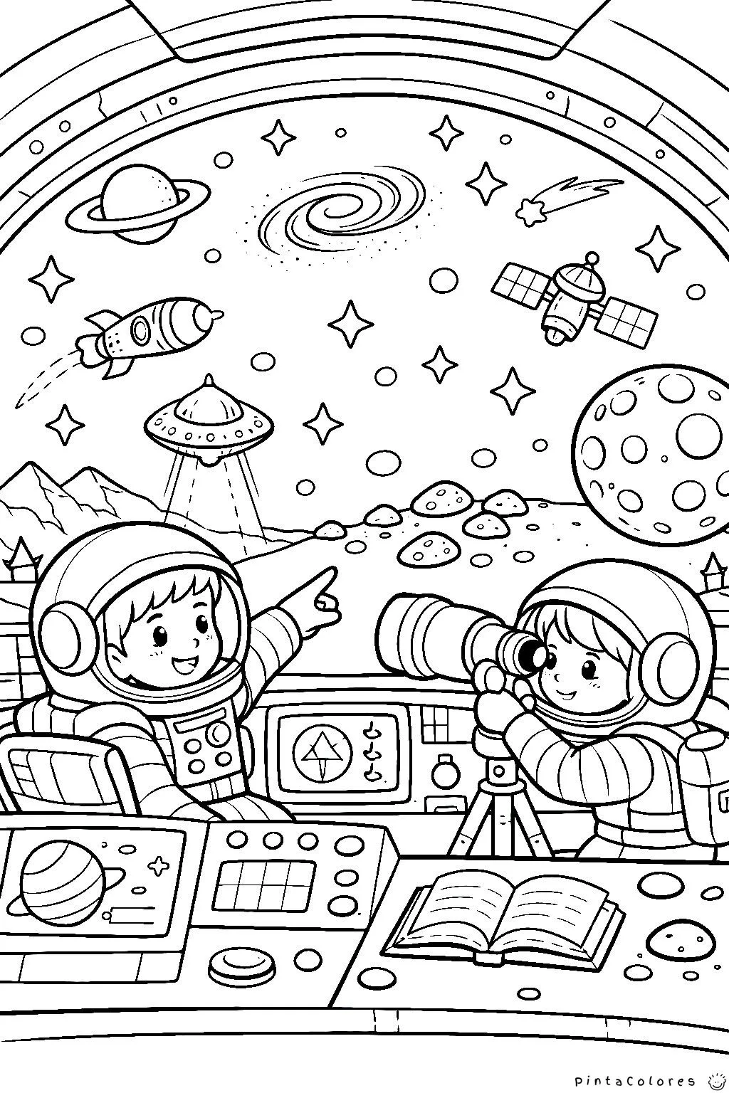 niños observando estrellas desde una nave espacial dibujo para colorear