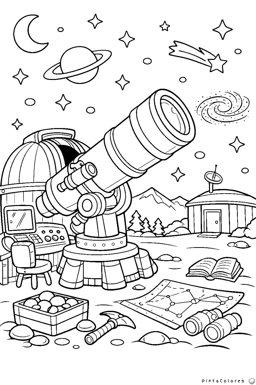 telescopio apuntando al cielo con estrellas dibujo para colorear