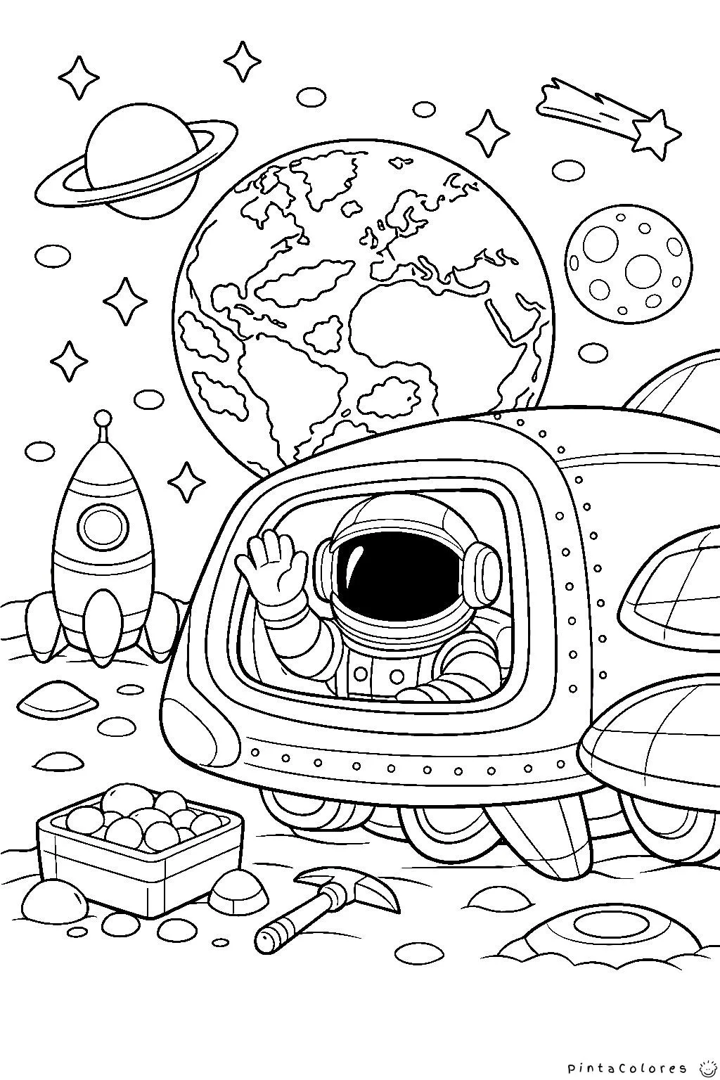 astronauta saludando desde una nave espacial dibujo para colorear
