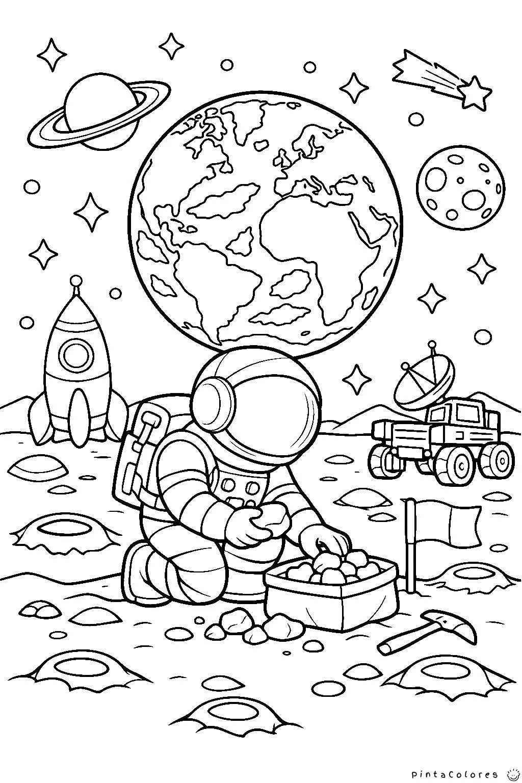 astronauta juntando rocas en la luna dibujo para colorear