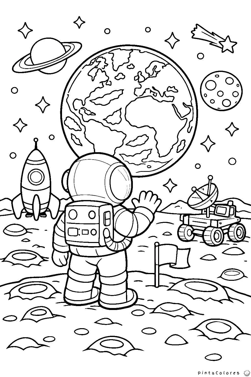 astronauta saludando a la tierra desde la luna dibujo para colorear