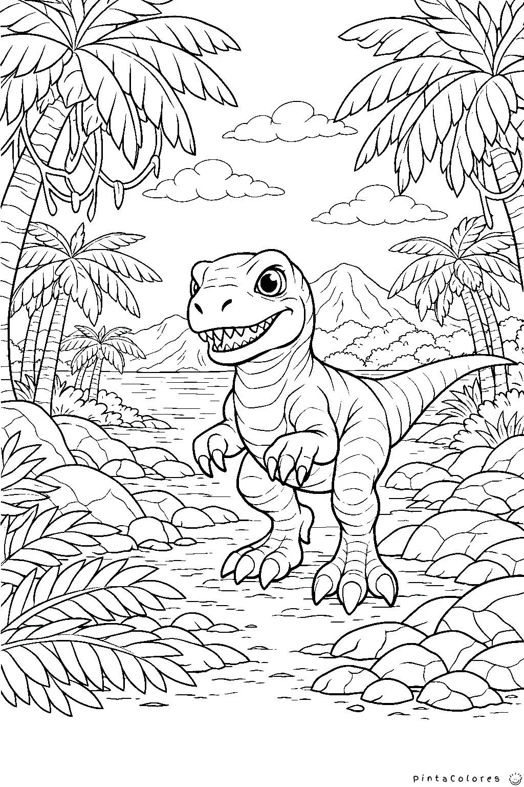dinosaurio caminando entre palmeras dibujo para colorear