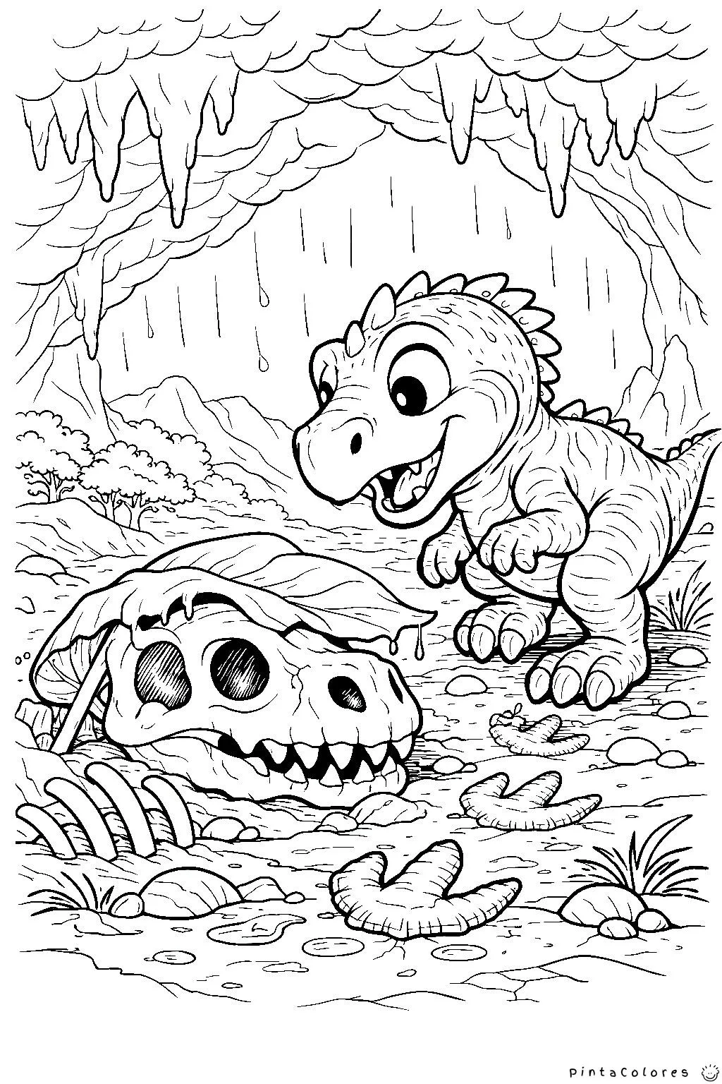 dinosaurio junto a huesos fósiles dibujo para colorear