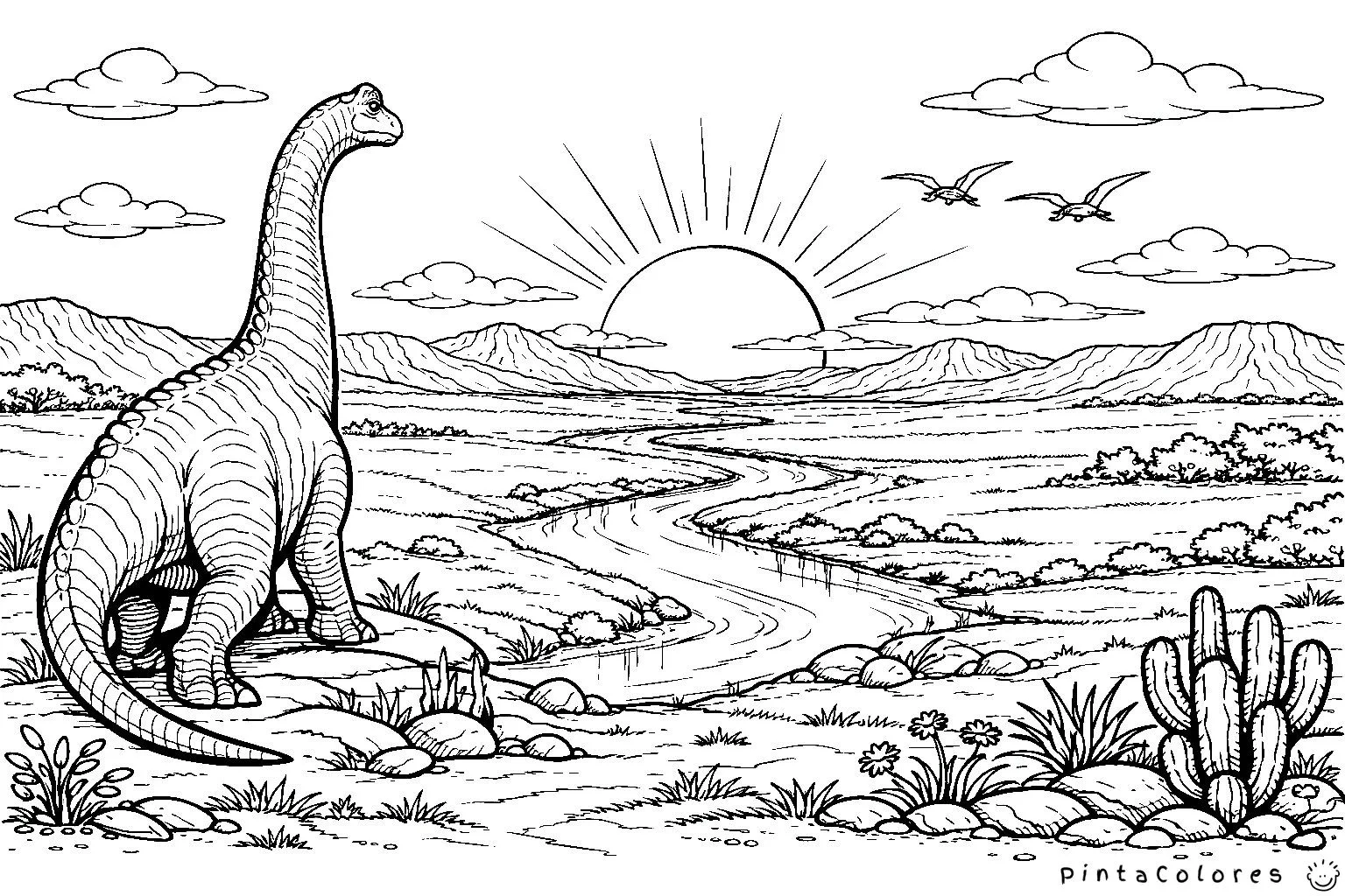 dinosaurio en un paisaje abierto con horizonte amplio dibujo para colorear